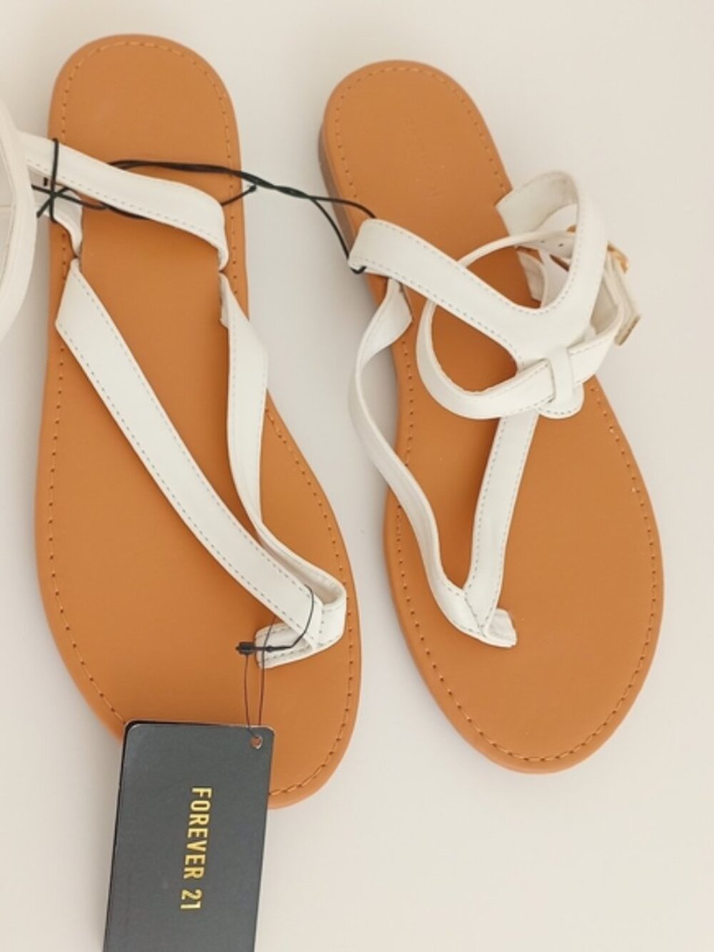 orever 21 White & Tan Minimalist Thong Sandals with Ankle Straps - Women's US 8